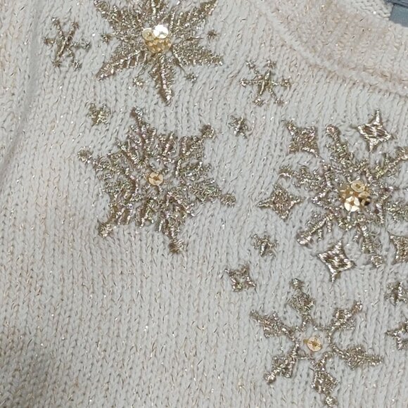 Tahari Girls 4T Ivory Knit Sweater Gold Snowflake Sequin Beaded Holiday Winter - Picture 4 of 8